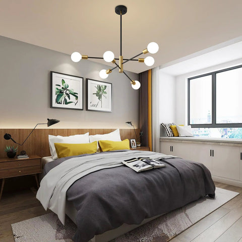Sputnik Chandelier Pendant Light Black And Gold, Mid Century Modern Industrial E26 Ceiling Fixture in bedroom setting