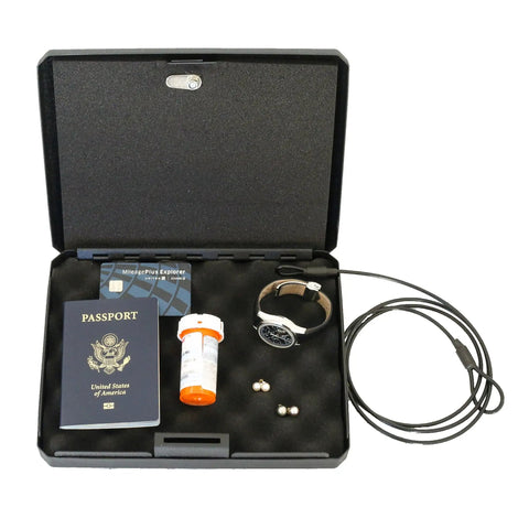 Heavy Duty Lockable Steel Case With Security Cable And Keyed Lock, open with passport, watch, cards, meds, earbuds visible inside.