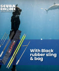 Diver underwater with 5 Foot Two-Piece Fiberglass Travel Pole Spear With 3 Tip Set Paralyzer Single Barb And Lionfish Tip black sling bag.