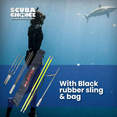 Diver underwater with 5 Foot Two-Piece Fiberglass Travel Pole Spear With 3 Tip Set Paralyzer Single Barb And Lionfish Tip black sling bag.
