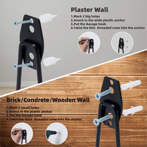4 Pack Garage Hooks Wall Mount Storage Hangers installation guide on plaster, brick, wooden wall with screws