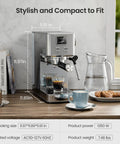 Quick Heat 20 Bar Espresso Machine With Integrated Milk Frother For Silky Lattes And Cappuccinos Boasting Rapid Boiler And Spacious Removable Tank Designed For Reliable Daily Grind Sessions And Consistent Home Barista Pulls Stainless Finish on kitchen countertop with coffee cups and cookies.