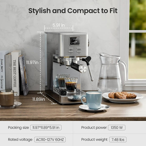 Quick Heat 20 Bar Espresso Machine With Integrated Milk Frother For Silky Lattes And Cappuccinos Boasting Rapid Boiler And Spacious Removable Tank Designed For Reliable Daily Grind Sessions And Consistent Home Barista Pulls Stainless Finish on kitchen countertop with coffee cups and cookies.