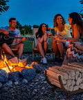 Heavy Duty Firewood Rack 25 Inch For Indoor And Outdoor Use Metal Firewood Holder with logs by campfire and people