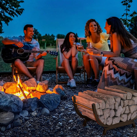Heavy Duty Firewood Rack 25 Inch For Indoor And Outdoor Use Metal Firewood Holder with logs by campfire and people