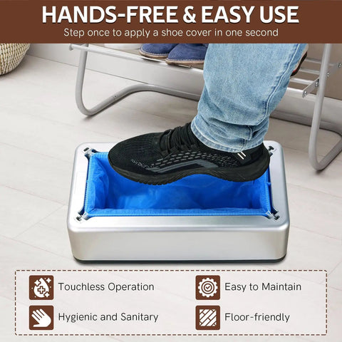 Person using Automatic Shoe Cover Dispenser With 100 Disposable Covers, Hands Free Operation, Power Free, No Bending