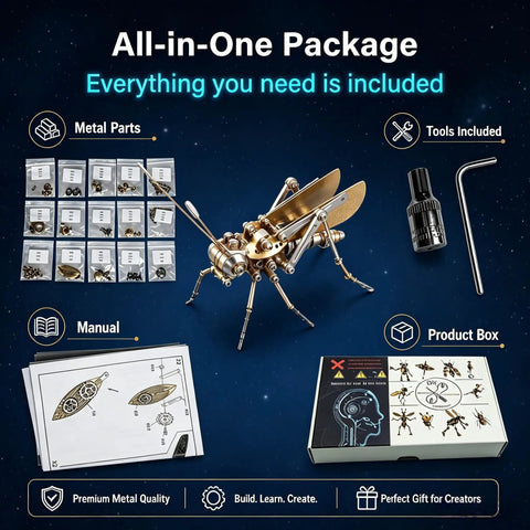 Cricket 3D Metal Puzzle Kit With 160 Pieces, Mechanical Screw Assembly, Level 3 Of 5, About 3 Hours Build, No Glue Needed, Desktop Ornament, Cool Birthday Gift For Dad Or Husband. all-in-one package with metal parts, tools, manual, and box