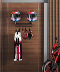 Solid Wood and Metal Motorcycle Helmet Holder Wall Mount with Four Glove Clips, Gear Rack Organizer for Entryway or Garage holding helmets