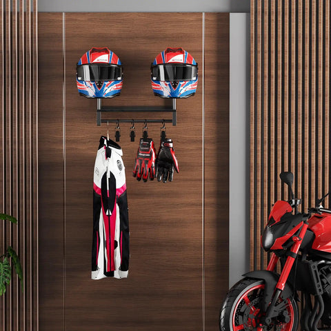 Solid Wood and Metal Motorcycle Helmet Holder Wall Mount with Four Glove Clips, Gear Rack Organizer for Entryway or Garage holding helmets