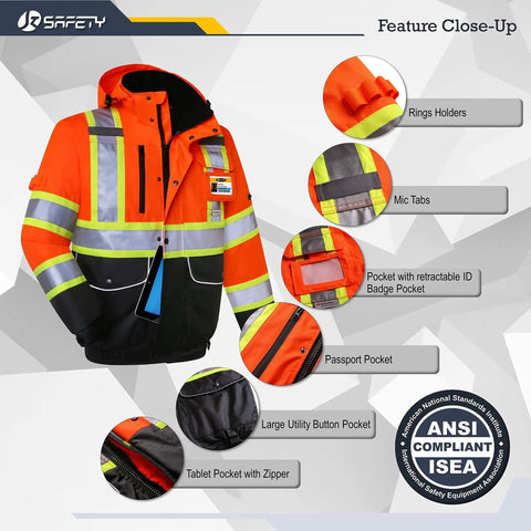 Hi Vis Winter Bomber Jacket With 10 Pockets Waterproof 3M Reflective For Men And Women Detachable Hood Orange Black