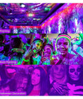 Colorful display of JUDYSSY 50W 100W 150W Led Uv Floodlight Ac220 lighting painting and body art at a party.