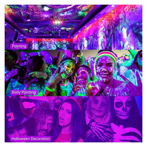 Colorful display of JUDYSSY 50W 100W 150W Led Uv Floodlight Ac220 lighting painting and body art at a party.