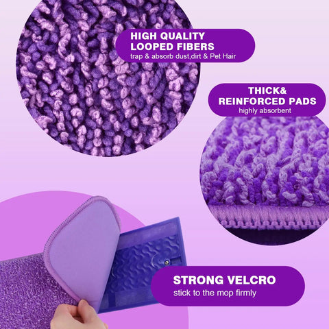 Eight Pack Microfiber Mop Pads For Swiffer PowerMop 13 To 15 Inch Washable Reusable Replacement Heads, purple microfiber loop fibers, strong velcro