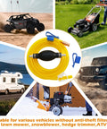 Portable Hand Fuel Transfer Pump With 10 Ft Siphon Hose shown with various vehicles including ATV, lawn mower, RV, and snowblower.