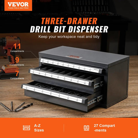 Pro Grade Three Drawer Drill Bit Dispenser Cabinet With 27 Compartments Cold Rolled Steel Drill Bit Organizer For Letter Sizes A To Z Clear Labeled