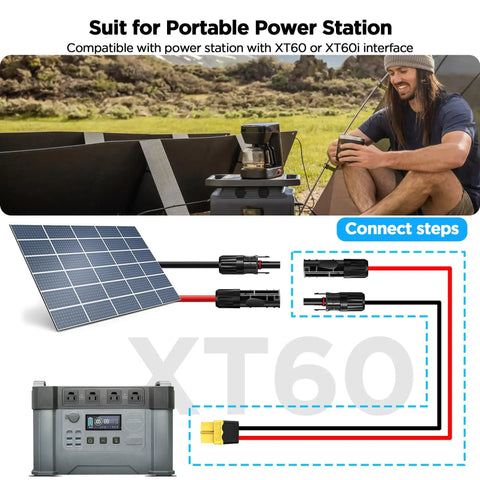 Man camping using 10 Foot MC4 To XT60 Solar Charge Cable With 12AWG Pure Copper Conductors And Waterproof Connectors setup