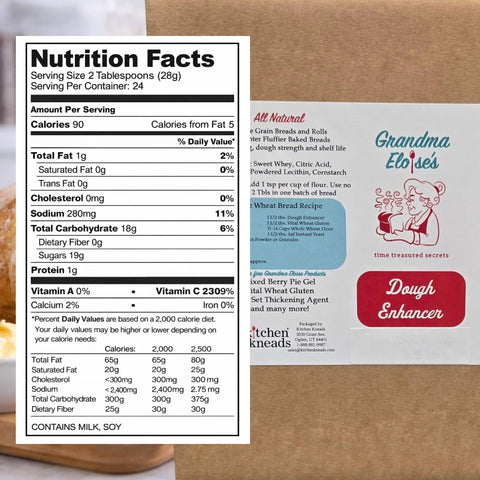 Label of Grandma Eloise's Dough Enhancer bag showing nutrition facts, part of Dough Conditioner For Bread Baking 25 Lb Pack Boosts Rise Texture And Fluff Keeps Loaves Fresher Longer Ideal For Whole Wheat And White Bread Natural Bread Improver Powder.