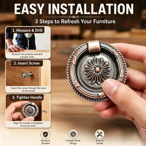 Person demonstrating installation steps for 6 Pcs Killer Copper Drop Ring Cabinet Handles Vintage Sunflower Brass Drawer Pulls.