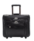 Front view of Patented Detachable Wheeled 17 Inch Leather Catalog Briefcase Workhorse with Top Grain Cowhide and organizer pockets