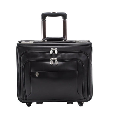 Front view of Patented Detachable Wheeled 17 Inch Leather Catalog Briefcase Workhorse with Top Grain Cowhide and organizer pockets