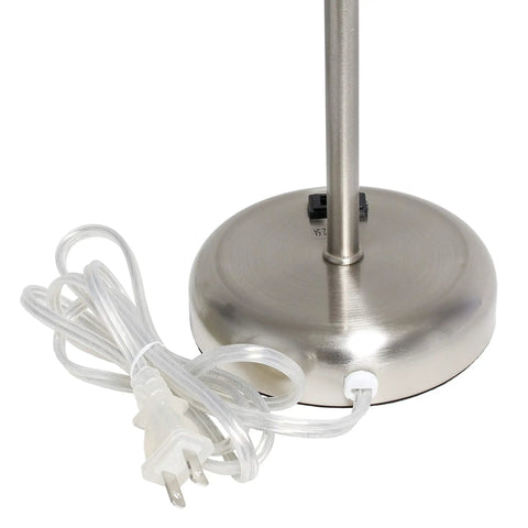 Base of Brushed Steel Stick Table Lamp Set With Charging Outlet And Purple Fabric Shades Two Pack showing outlet and plug