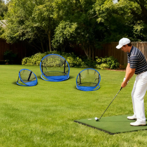 Golfer practicing in backyard with set of 3 golf chipping nets with 12 inch, 18 inch, and 24 inch pop up targets for indoor outdoor practice.