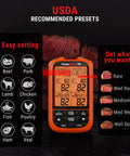 Digital display of Wireless Meat Thermometer With 1000 Ft Range showing presets for grilling and cooking meats.