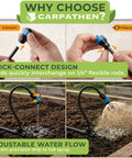 Flexible Drip Irrigation Kit For Gardens 50 Foot Run With 16 Adjustable Nozzles in action on raised beds, showing quick-connect design