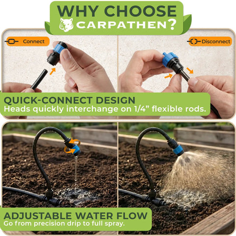 Flexible Drip Irrigation Kit For Gardens 50 Foot Run With 16 Adjustable Nozzles in action on raised beds, showing quick-connect design