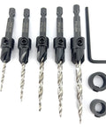 Heavy Duty 5 Piece Countersink Drill Bit Set With Hex Shank Tapered Bits For Wood Projects That Drill And Counterbore In One Straight Shot No Bull Shortcuts with HSS M2 steel bits.