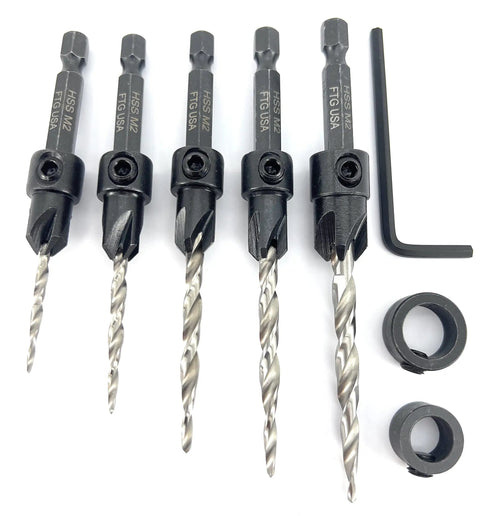Heavy Duty 5 Piece Countersink Drill Bit Set With Hex Shank Tapered Bits For Wood Projects That Drill And Counterbore In One Straight Shot No Bull Shortcuts with HSS M2 steel bits.