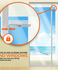 Foolproof Sliding Door And Window Locks Two Pack Toddler And Pet Safe Catch with grip tight adhesive on glass patio door.