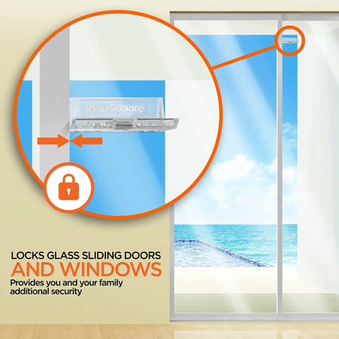 Foolproof Sliding Door And Window Locks Two Pack Toddler And Pet Safe Catch with grip tight adhesive on glass patio door.