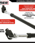 Extendable 1/2 Inch Drive Black Breaker Bar With Twist Lock Telescoping 16 To 24 Inch Reach, chrome vanadium construction visible