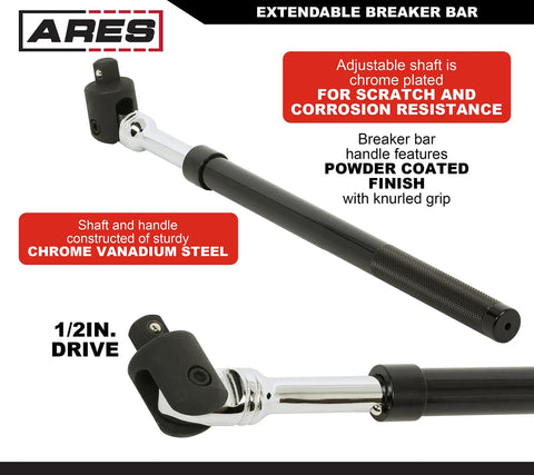Extendable 1/2 Inch Drive Black Breaker Bar With Twist Lock Telescoping 16 To 24 Inch Reach, chrome vanadium construction visible