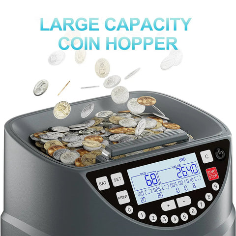 Coin Counter And Sorter With TFT Display For Five Denominations Up To 300 Coins Per Minute with coins in hopper
