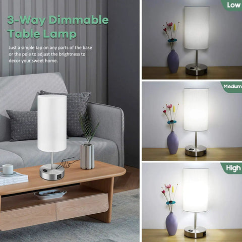 Pair Of Touch-Control Table Lamps With USB Ports And AC Outlet, 3-Way Dimmable Bedside Lamps With White Fabric Shade