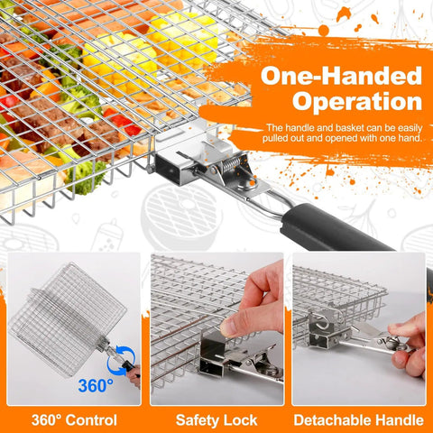 Outdoor Grill Basket For Barbecue Lovers With Removable Handle Portable BBQ Set showing one-handed operation and safety features