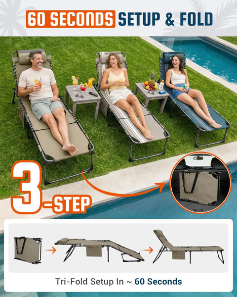 Three people relaxing on a Face Hole Tanning Lounge Chair For Outdoors Folding Chaise Lounger by a poolside in beige fabric.