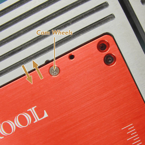 Close-up of cam wheels on CNC aluminum plate of Motorized Router Lift For 3 5 Inch Routers Featuring Digital Controller.
