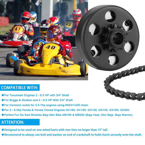 Centrifugal Go Kart Clutch Three Quarter Bore Ten Tooth Sprocket With 40 41 Chain 96 Links for 2 to 6.5 HP Engines