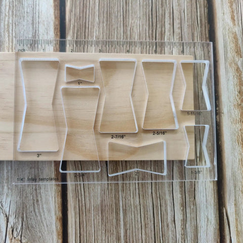 Rock Solid Acrylic 8 In 1 Bowtie Butterfly Router Template Jig Kit Woodworking DIY Inlay Guide on wooden surface with measurements.