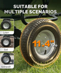 Close-up of 11.4 inch tire on 110 Lb Tow Behind Fertilizer Broadcast Spreader With 10 Adjustable Drop Rate for multi-terrain use.