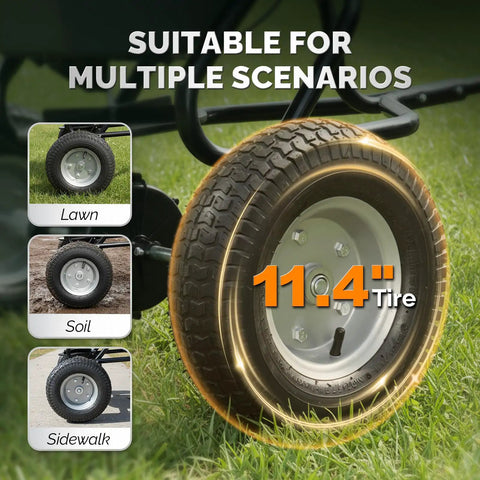 Close-up of 11.4 inch tire on 110 Lb Tow Behind Fertilizer Broadcast Spreader With 10 Adjustable Drop Rate for multi-terrain use.