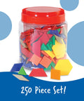 Pattern Block Set With 250 Pieces For Geometry And Pattern Design, Classroom Must Haves, Homeschool Math Tools, Colorful Six Shapes Perfect For Hands On Learning, Includes Storage Bucket For Easy Cleanup, shown with bucket lid.