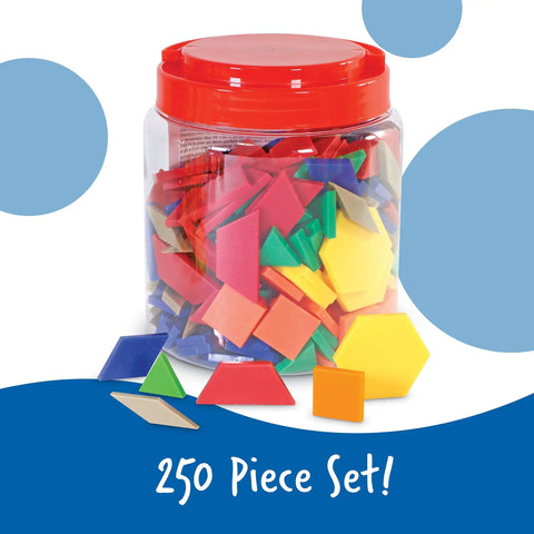 Pattern Block Set With 250 Pieces For Geometry And Pattern Design, Classroom Must Haves, Homeschool Math Tools, Colorful Six Shapes Perfect For Hands On Learning, Includes Storage Bucket For Easy Cleanup, shown with bucket lid.