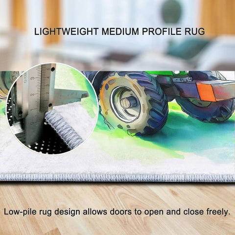 Close-up of Farm Tractor Themed Area Rug 3 Ft By 5 Ft White Machine Washable Carpet Non Slip Soft Non Shedding Rug