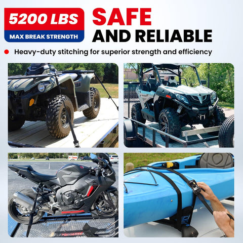Beefy 5200 Lb Heavy Duty Ratchet Tie Down Straps Kit securing ATV, motorcycle, and kayak for transport.