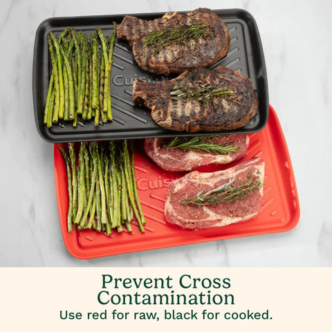 Grilling Prep And Serve Trays Set 17 x 10.5 Inch Dual Nesting Trays Red For Raw Meat And Black For Cooked Food shown with steak and asparagus.