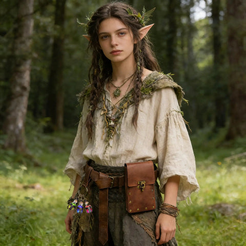 Young woman in nature wearing a solid leather waist bag, ideal for festival cosplay and mobile device storage.